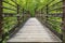 Rustic metal and wooden pedestrian bridge in a lush green forest