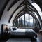 Rustic Modern Interior Design Of Bedroom In Attic, Triangle Ceiling With Wooden Beams, Window With Sun Light, Generative AI