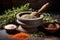rustic mortar and pestle with crushed spices