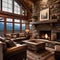 A rustic mountain cabin living room with a stone fireplace and cozy rugs1