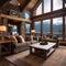 A rustic mountain cabin living room with stone fireplace and cozy rugs2