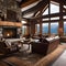 A rustic mountain cabin living room with stone fireplace and cozy rugs3