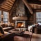 A rustic mountain cabin living room with a stone fireplace and cozy rugs3