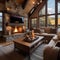 A rustic mountain cabin living room with a stone fireplace, cozy throws, and antler decor1