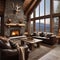 A rustic mountain cabin living room with a stone fireplace, cozy throws, and antler decor2