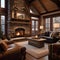 A rustic mountain cabin living room with a stone fireplace, cozy throws, and antler decor3