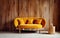 Rustic orange velvet sofa near wooden paneling wall. Interior design of modern living room. Created with generative AI