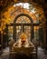 Rustic outdoor table setting with candles, vase of flowers and yellow leaves for a warm and inviting feel