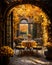 Rustic outdoor table setting with candles, vase of flowers and yellow leaves for a warm and inviting feel