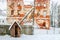 Rustic outdoor toilet on a background of brick ruins in winter