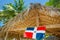 Rustic palapa thatched roof with Dominican Republic Flag in Punta Cana