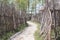 A rustic path paved with stone and a wooden fence made of natural nature materials of tree branches. caring for the ecology of nat