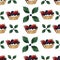 Rustic pattern with tart, leaves and berries of strawberries, blackberries and doves. Watercolor illustration juicy appetizing bac