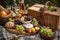 a rustic picnic basket with platters of fresh fruit, cheese and wine