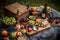 a rustic picnic basket with platters of fresh fruit, cheese and wine