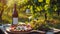 A rustic picnic with pizza and wine in a sun-drenched vineyard