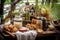 rustic picnic scene with homemade ginger ale in mason jars