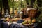 rustic picnic setup with brandy bottles and fruits