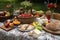 rustic picnic with tablecloth and baskets of fruits, cheeses, and treats