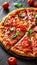 Rustic pizza on black background with cheese and tomato italian fast food concept