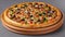 Rustic pizza on black background with tomato, cheese, and italian cuisine elements