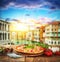 Rustic pizza with old city Italy background