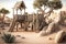 a rustic playground with wooden structures and natural elements such as trees, rocks, and sand
