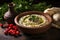 rustic presentation of baba ganoush in a ceramic bowl