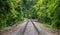 Rustic railroad track disappearing around curve into forest-selective focu