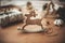 Rustic reindeer christmas toy on wooden table on background of l