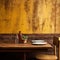 Rustic restaurant table setting with yellow ruined wall and empty dishes