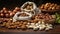 Rustic Richness. Almonds, Hazelnuts, and Walnuts on Wood. Generative AI