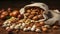 Rustic Richness. Almonds, Hazelnuts, and Walnuts on Wood. Generative AI