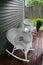 Rustic rocking chairs and table on wood porch