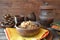 Rustic russian food. Buckwheat porridge, wooden table. Fitness organic food