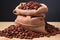 Rustic sack with coffee beans. AI Generated