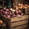 This rustic shot captures a wooden crate brimming with freshly harvested onions