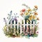 Rustic Simplicity: Watercolor white wooden Garden Fence with Simple Spring Flowers AI Generated