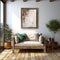 Rustic sitting room mock-up with abstract framed picture