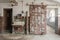 Rustic sliding barn door with decaying sink in an abandoned factory