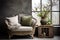 Rustic snuggle chair, loveseat, potted green branch and side table against window near grey wall with frame