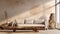 rustic sofa and side table near beige stucco wall with abstract clay or stone wall decor