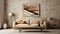 rustic sofa and side table near beige stucco wall with frame