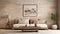 rustic sofa and side table near beige stucco wall wooden table