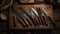 Rustic steel collection antique knives, penknives, and wrenches for industry generated by AI