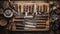 Rustic steel collection kitchen knives, saws, and antique tools generated by AI