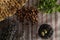 Rustic still life, basket, nuts, lavender and mulberry on the table.