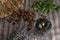 Rustic still life, basket, nuts, lavender and mulberry on the table.