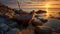 Rustic Still Life: Boat On Rocky Beach At Sunset