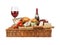 Rustic still life with cheese, bread, grapes, tomatoes, parsley and